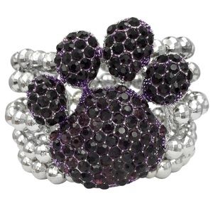 Large Purple Rhinestone Paw Print Chunky Statement Beaded Stretch Bracelet